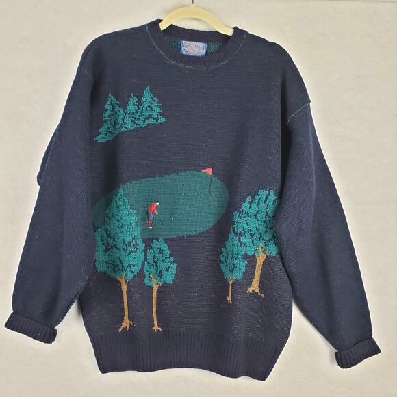 Vintage Pendleton Men's L Pure Virgin Wool Golf Course Knit Sweater Blue Green